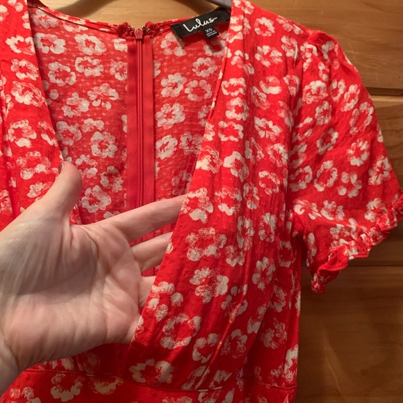 Lulus Garden Explorer Red Floral Print Mini Dress Long V Cut  Belted Sz XS - Picture 7 of 14